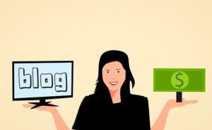 Un dessin représente une femme avec dans une main un écran sur lequel est écrit Blog et l'autre un billet de banque