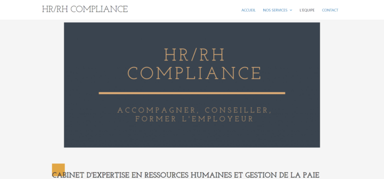 Photo de la page d'accueil d'un site : les lettre HRRH COMPLIANCE jaune sur fond gris foncé